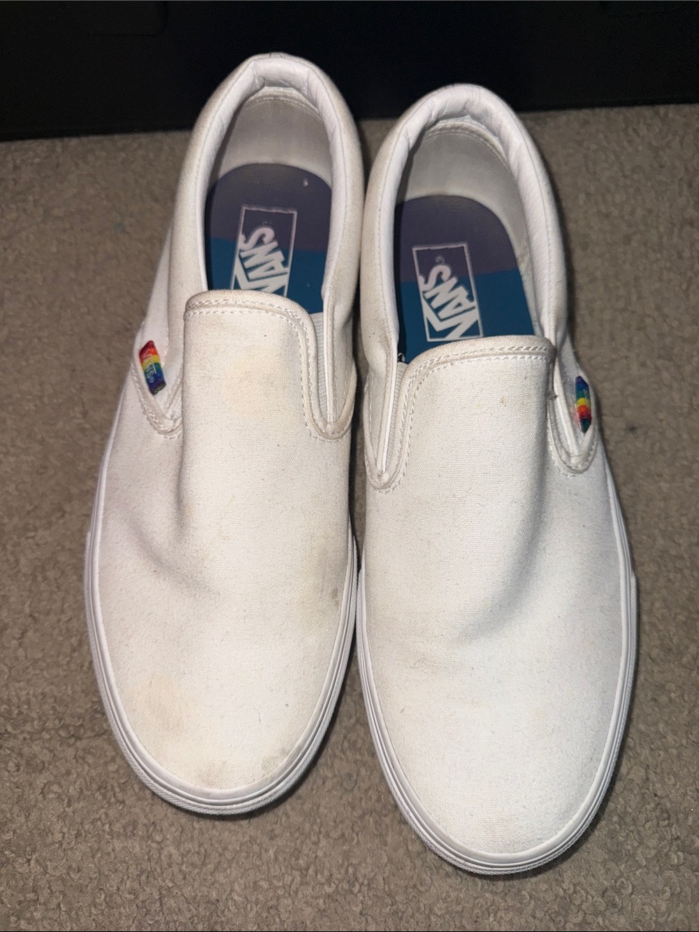 Vans White Slip-On Sneakers with Rainbow